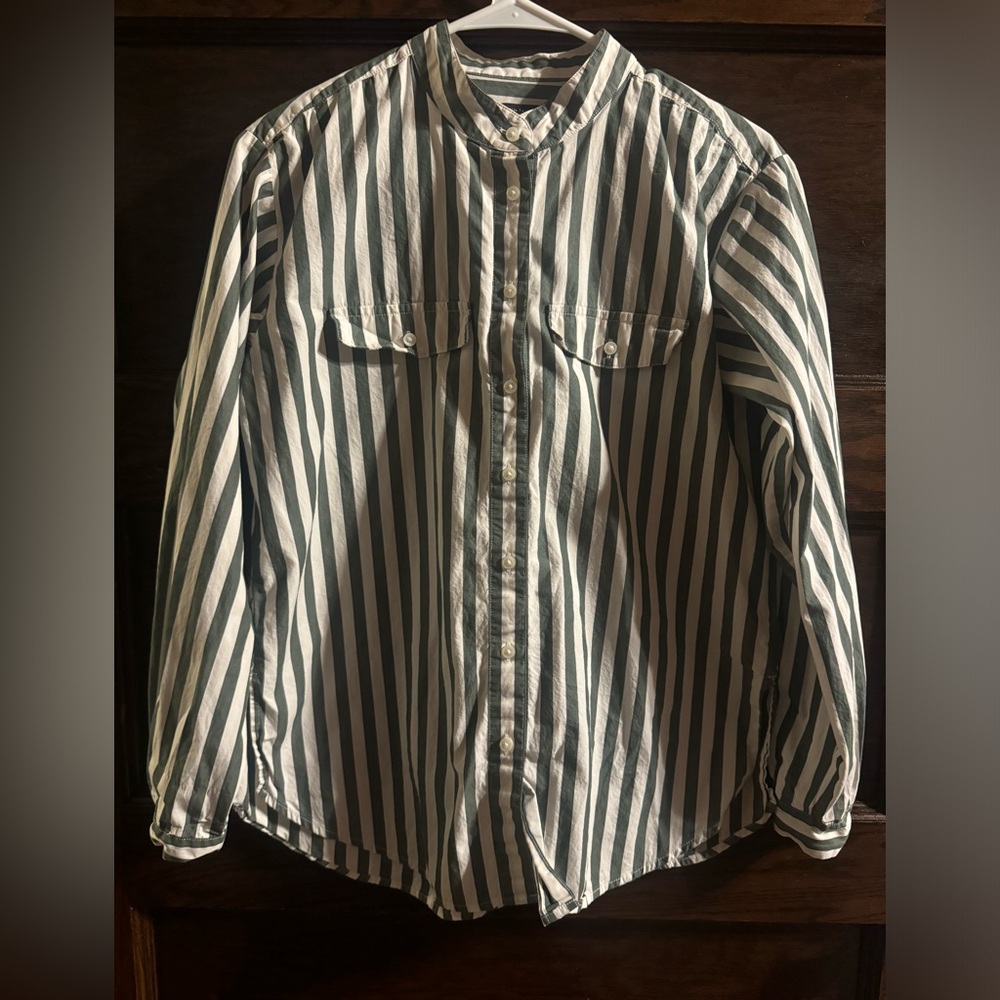 Ann Taylor Green and White Striped Button Down Shirt, Size Small